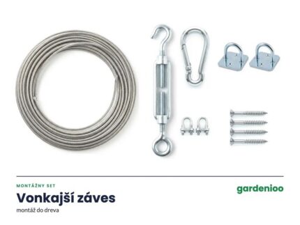 Montážny set pre vonkajší záves do dreva – nerezové lanko, karabína, napínač, lanové spojky, 2 úchyty na štvorcovej základni a 4 vruty