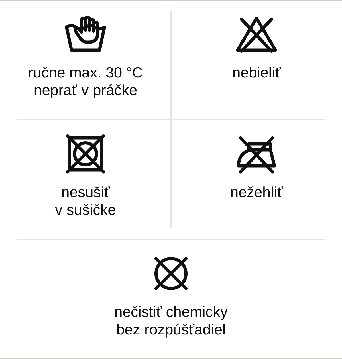 Symboly ošetrovania: ručne max. 30 °C, nebieliť, nesušiť v sušičke, nežehliť, nečistiť chemicky